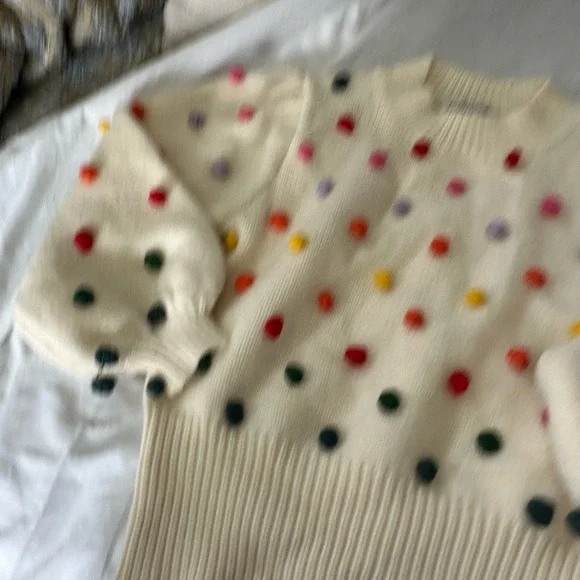 DAVI & DANI Cream Crewneck Sweater with Multicolor Pom Dots - Picture 2 of 6